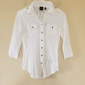 Saks Fifth Avenue  Button Down Slub Contrast Panel 3/4 Sleeve Shirt Womens Small